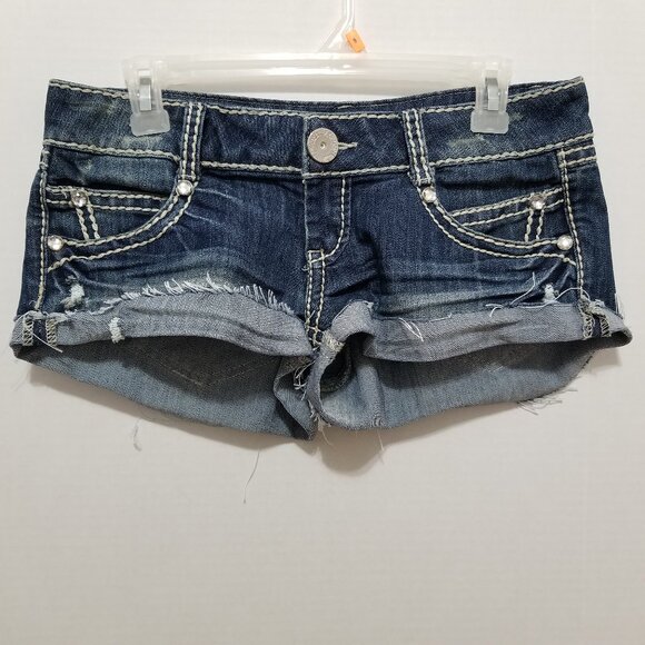 Almost Famous shorts 7 rhinestone bling studded low rise denim jean distressed - Picture 1 of 14